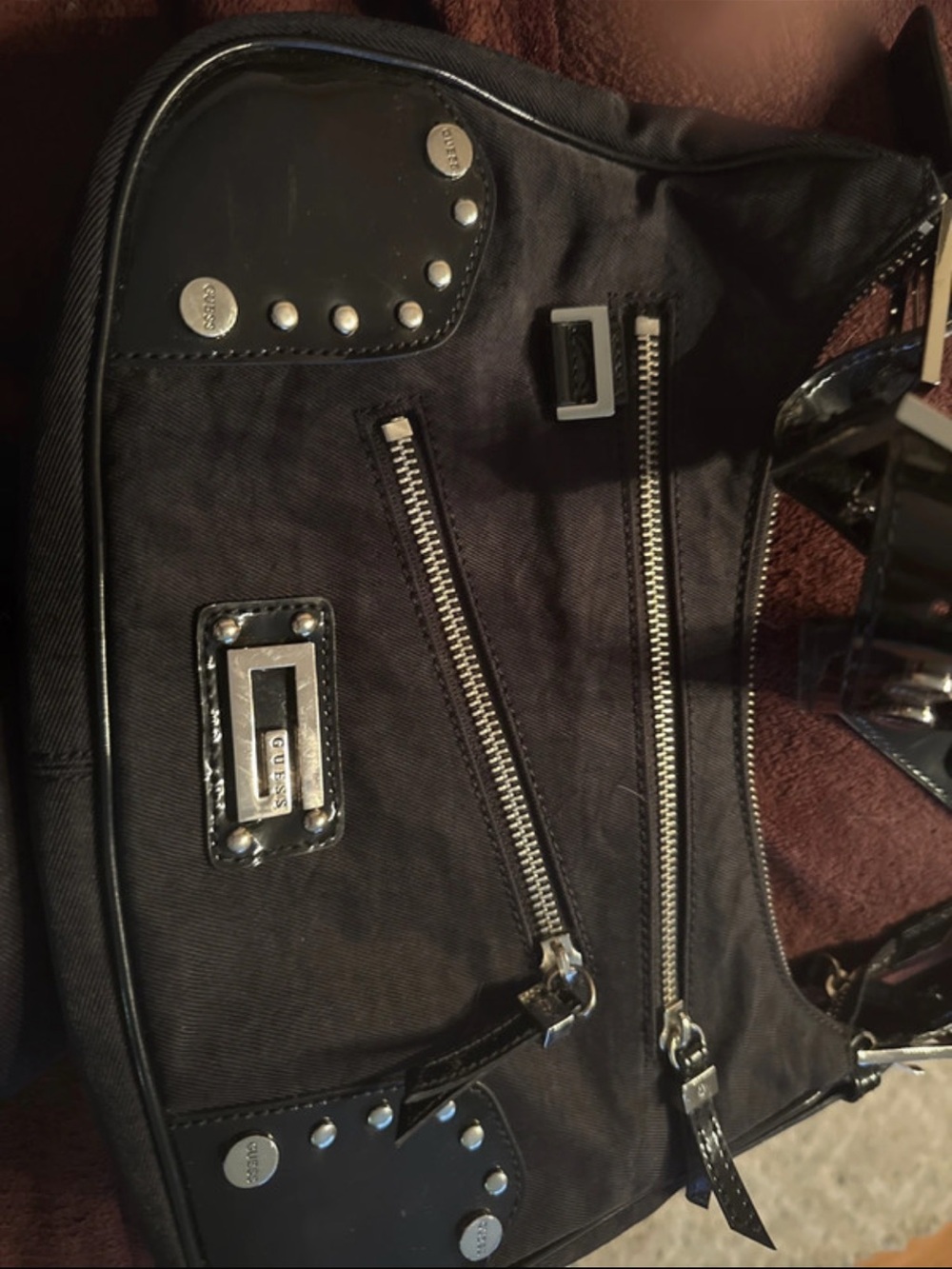 GUESS Black Nylon Zip-Front Shoulder Bag with Stud Accents